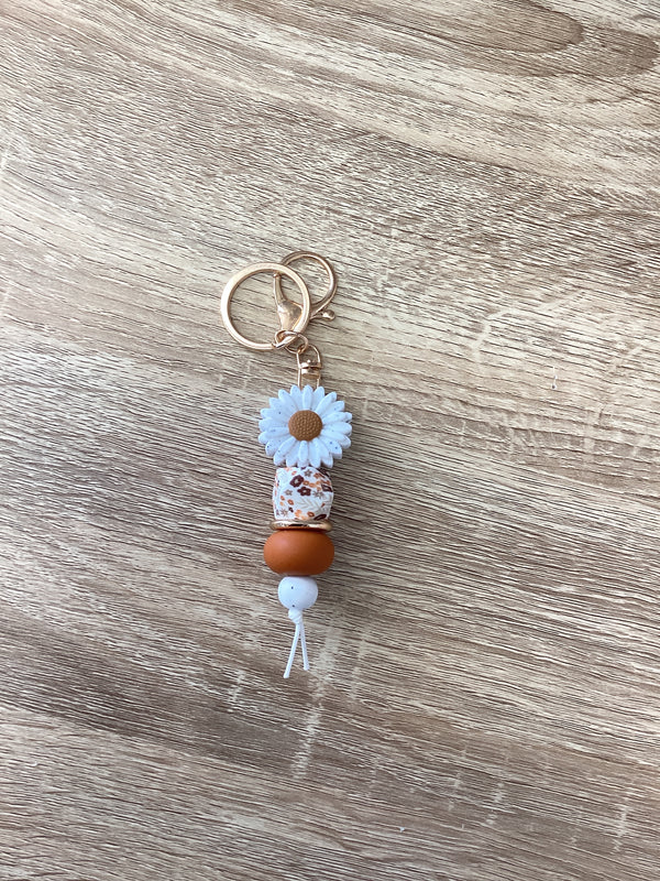 Keyring - Daisy Speckled with Tan and Flower print Bead