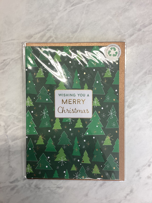 Christmas card - 'Wishing You a Merry Christmas' Green Trees