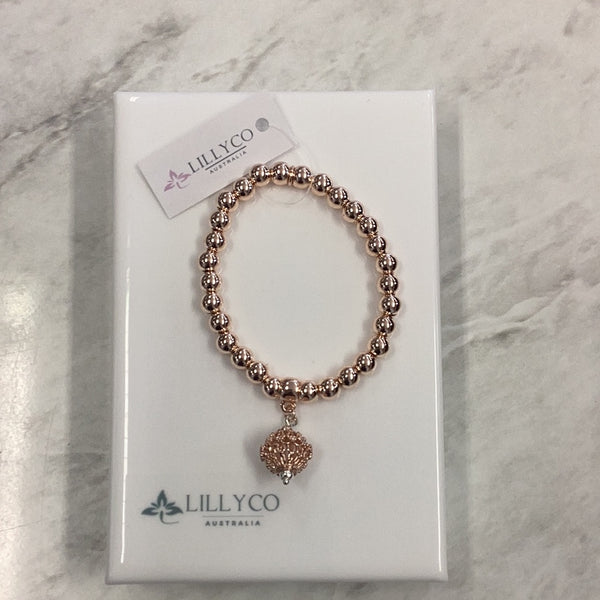 Rose Gold Bead Bracelet With Rose Gold Sphere Charm**