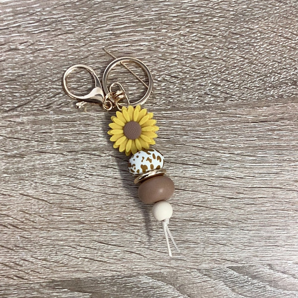 Keyring - Daisy Sunflower with Cow Print Bead