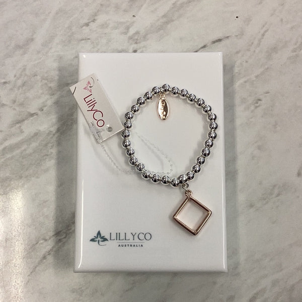 Silver Bead Bracelet With Rose Gold Square Charm**