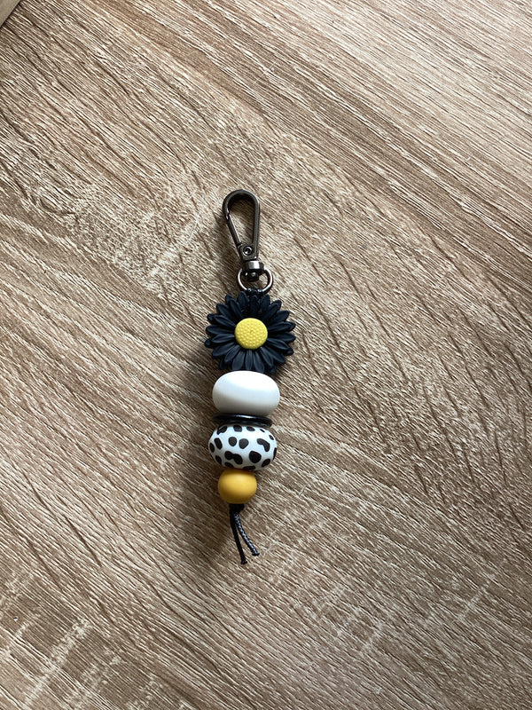 Keyring - Daisy Black with Black Spot Bead and Yellow