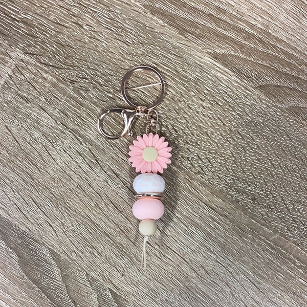 Keyring - Pink Flower with Pink Cow Print Bead