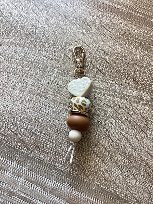 Keyring - Beige Heart with Cow Print Bead