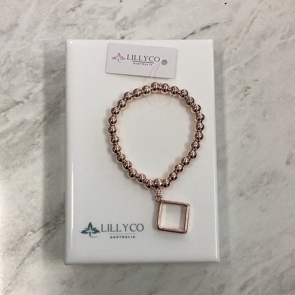 Rose Gold Bead Bracelet With Square Charm**