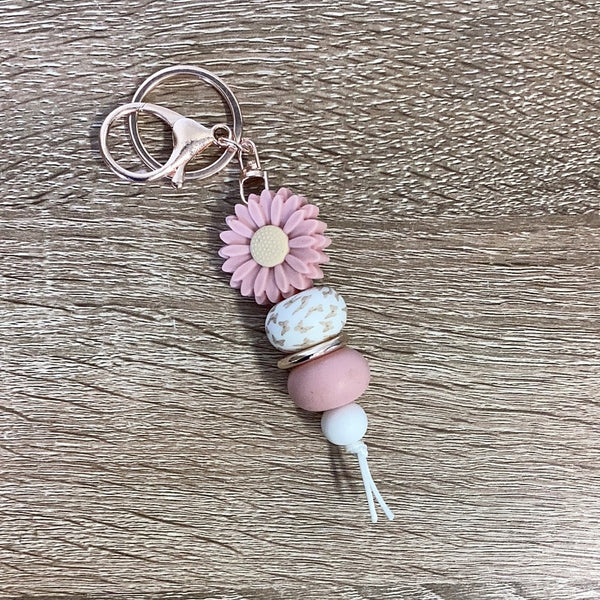 Keyring - Daisy Light Pink with Butterfly Print Bead