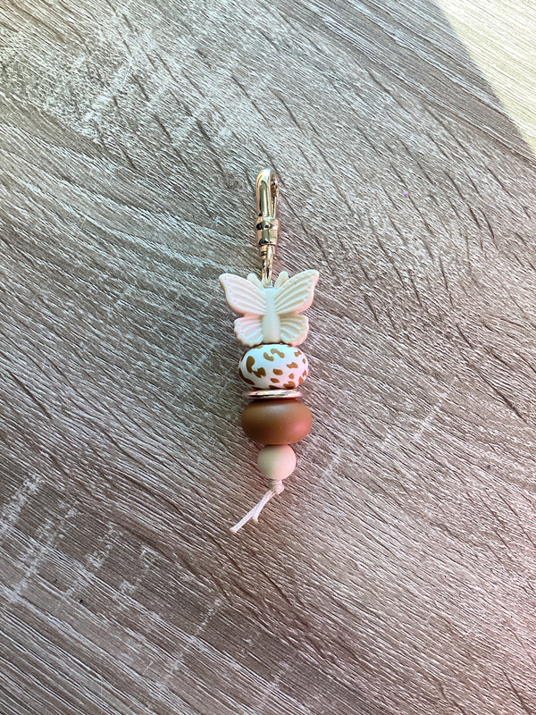 Keyring - Beige Butterfly with Cow Print Bead