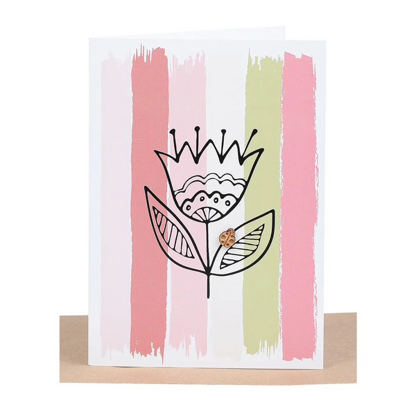 Pink Stripes Blank Greeting Card - Small Wooden Lady Bug