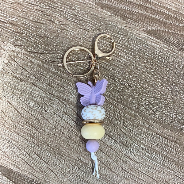 Keyring - Purple Butterfly with Yellow and Butterfly print beads