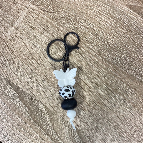 Keyring - Black Butterfly with Cow print bead