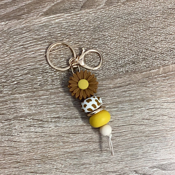 Keyring - Daisy Brown with Cow Print Bead