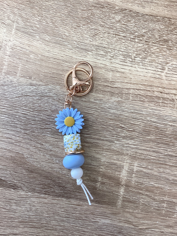 Keyring - Daisy Seafoam Blue With Floral Print Bead