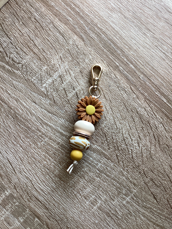 Keyring - Daisy Brown With Spot Bead and Mustard