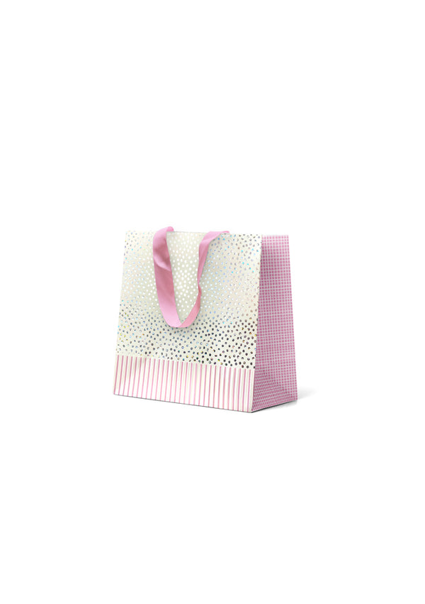 Premium Gift Bag Small: Embossed & Foiled Holographic Spots with Pink Stripes