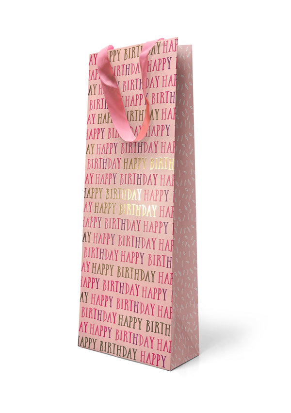 Premium Gift Bag Bottle: Embossed & Foiled “Happy Birthday” in Pink