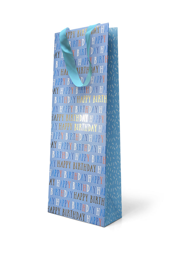 Premium Gift Bag Bottle: Embossed & Foiled “Happy Birthday” in Blue