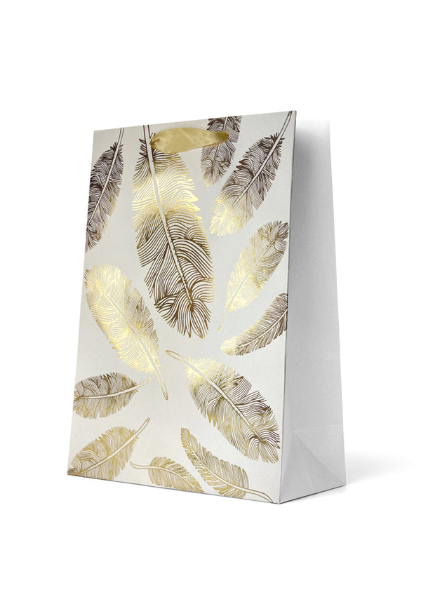 Premium Gift Bag Large: Foiled Gold Feathers