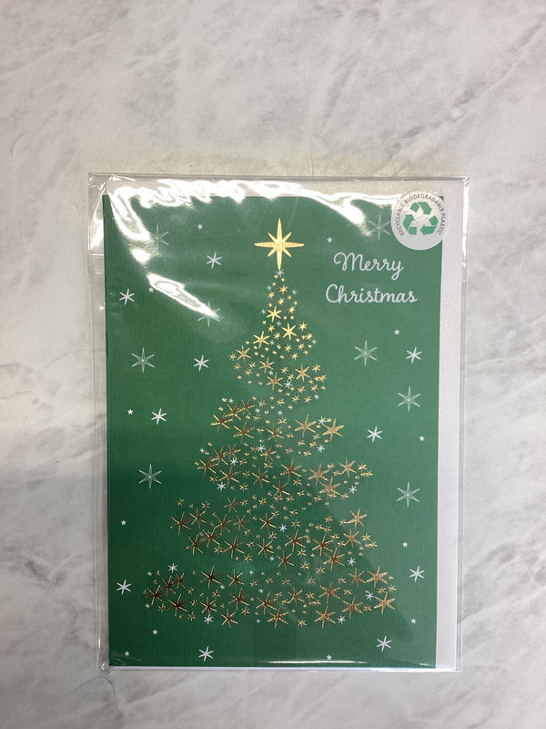 Christmas Card - 'Merry Christmas' Green with Gold Star Tree