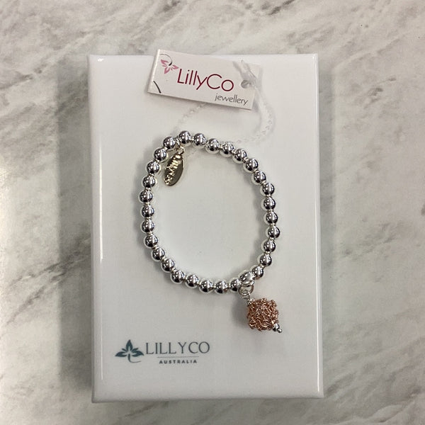 Silver Bead Bracelet With Rose Gold Sphere Charm**