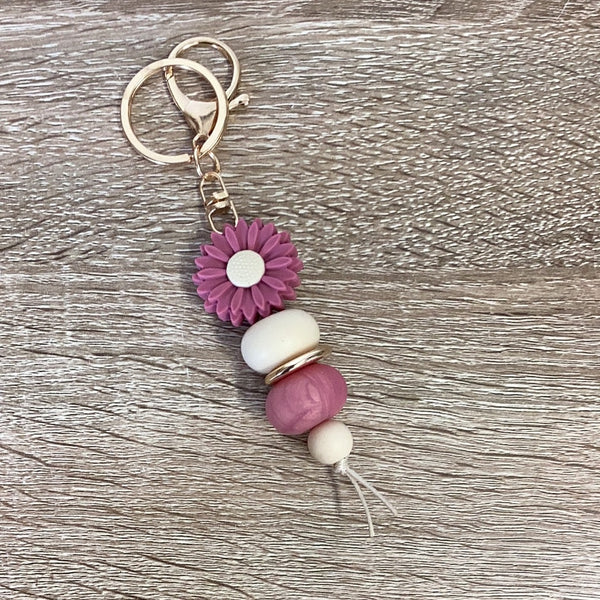 Keyring - Daisy Burgundy with Pearl Bead