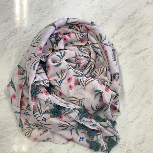 White w Green and Pink Bottlebrush Flower Scarf