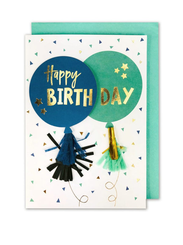 Embellished Card: “Happy Birthday” Aqua & Blue Balloons