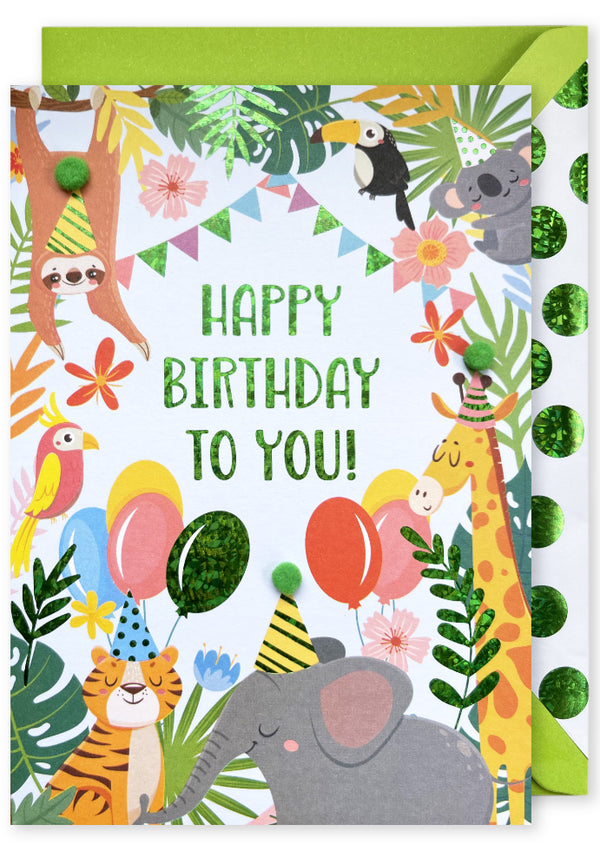 Embellished Card: “HAPPY BIRTHDAY TO YOU” Party Animals