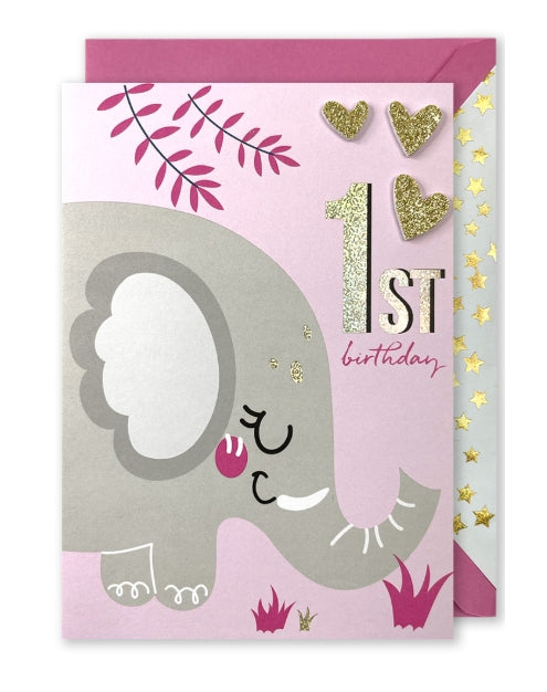 Embellished Card: “1st” Elephant on Pink