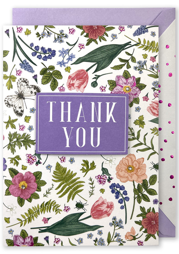 Embellished Card: “THANK YOU” Purple Flowers