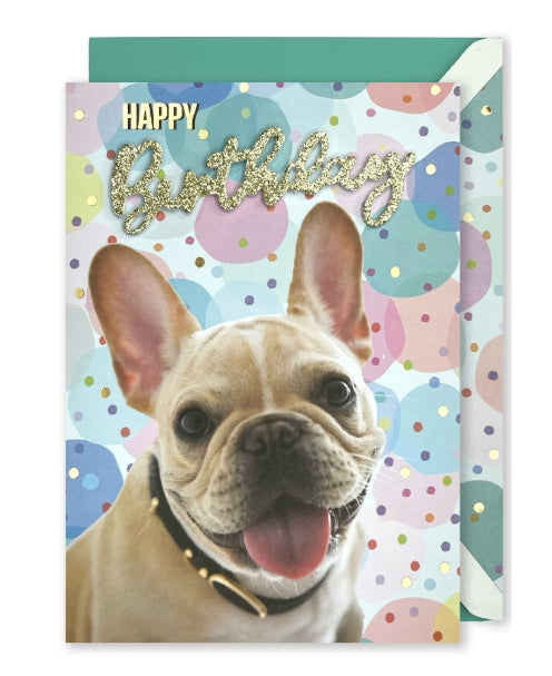 Embellished Vertical Card: “Happy Birthday” French Bulldog on Coloured Spots
