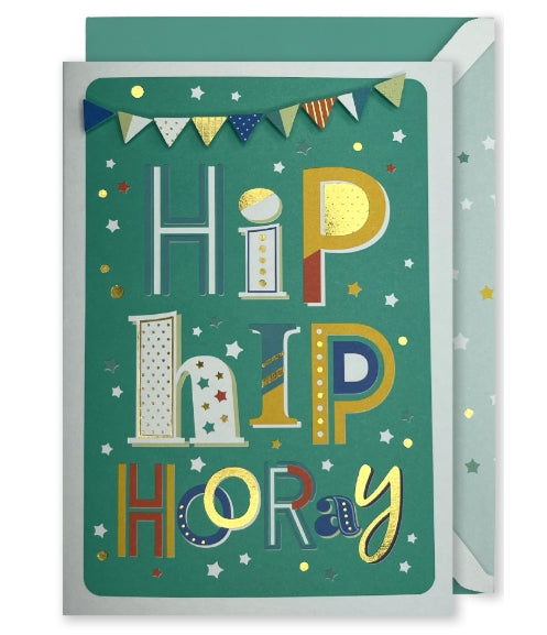 Embelished Vertical Card: “Hip Hip Hooray” Patterned Letters