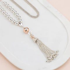 Silver & Rose Gold Bead & Tassel Necklace**