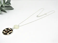 Silver Stone & Animal Print Disc Necklace**