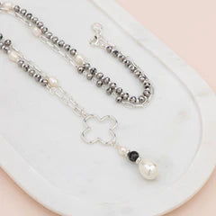 Silver Flower & Drop Pearl Necklace**