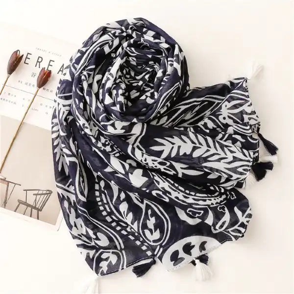 Navy & White Pattern Tassel Scarf