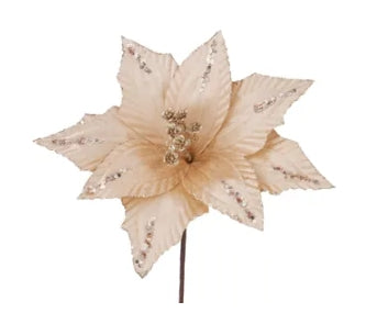 Cream Velvet Poinsettia Pick Glitter