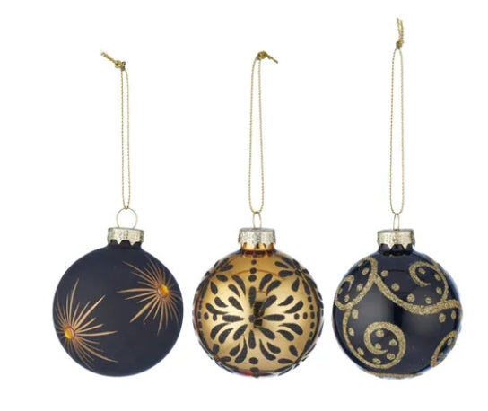 6cm Glass Bauble Glitter Black/Gold