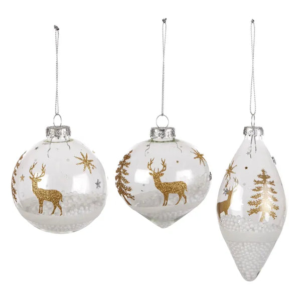 Set of 3 White and Gold Glass Baubles