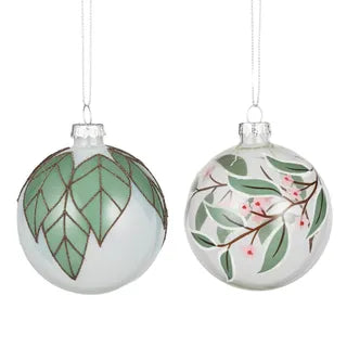 White and Green Blossom Glass Bauble 10cm