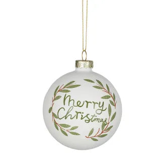 White and Green Wreath Glass Bauble