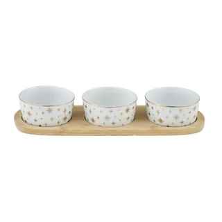 4pce Xmas White and Gold Ceramic Bowls with Bamboo Tray