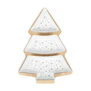 4pce Xmas Ceramic Gold and White Dishes with Bamboo Tray