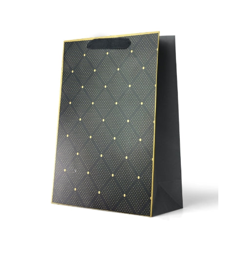 Premium Gift Bag Large: Foiled Gold Border and Gold Dots Diamond Pattern on Black