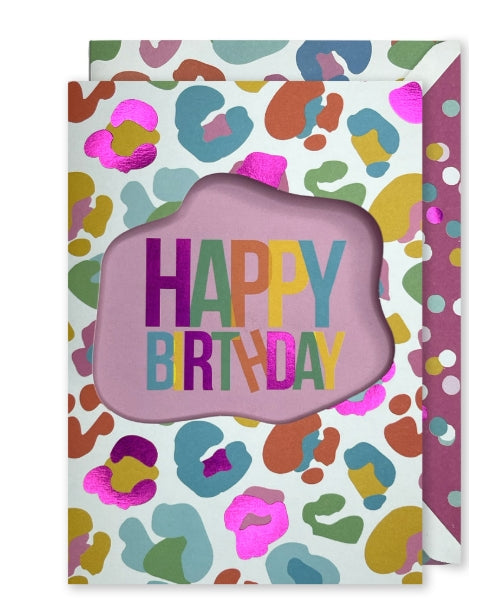Embellished Vertical Card: “Happy Birthday” Coloured Animal Print