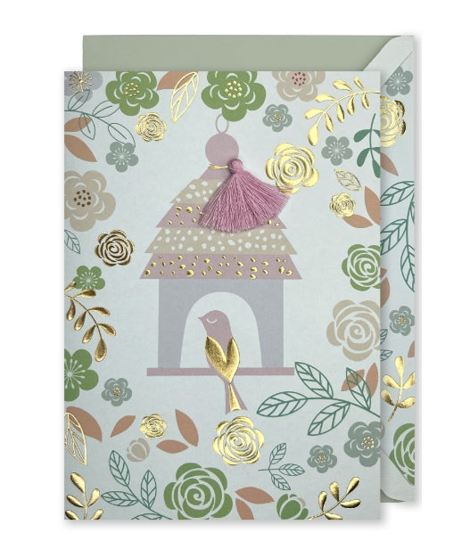 Embellished Vertical Card: Birdhouse with Flowers