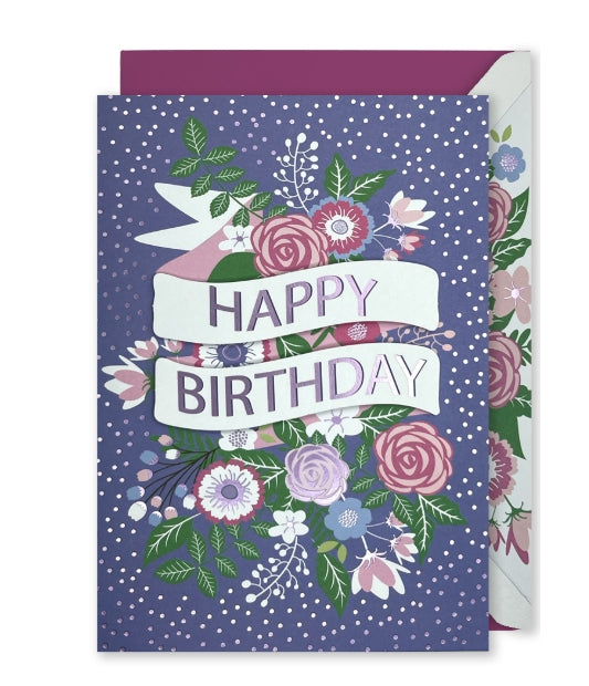 Embellished Vertical Card: “Happy Birthday” Banner on Floral Bouquet