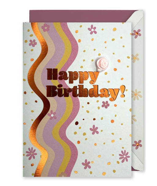 Embellished Vertical Card: “Happy Birthday” Wavy Lines with Flowers