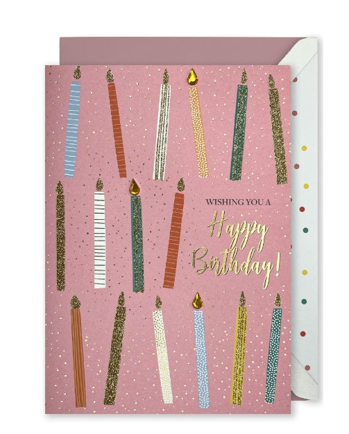 Embellished Vertical Card: “Wishing You a Happy Birthday” Patterned Candles on Pink