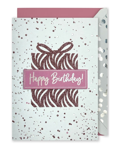 Embellished Vertical Card: “Happy Birthday”Present with Glitter