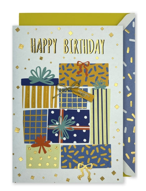 Embellished Vertical Card: “Happy Birthday” Presents with Tags